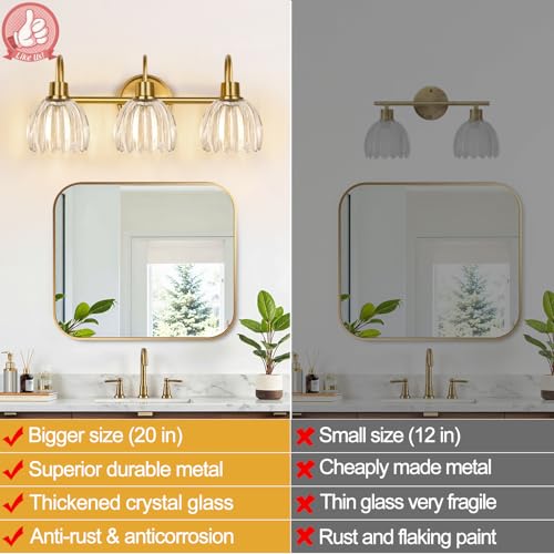 Image of 3-Light Bathroom Light Fixtures, 20 inch Brushed Gold Vanity Lights for Bathroom with Ribbed Clear Tulip Glass Shade, Vintage Wall Vanity Lighting Fixtures Over Mirror for Bathroom Living Room Hallway