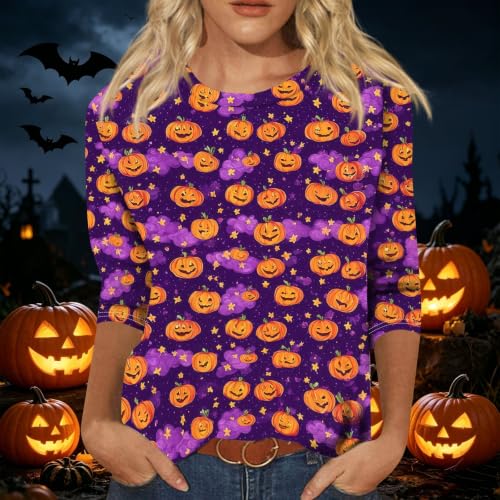 Image of Women Spooky Halloween Graphic Shirt 3 /4 Length Sleeve Crewneck Top | Halloween Funny Printed Pumpkin Plus Size Tshirts 2026 Fall Outfits Skeleton Tee Going Out Tops