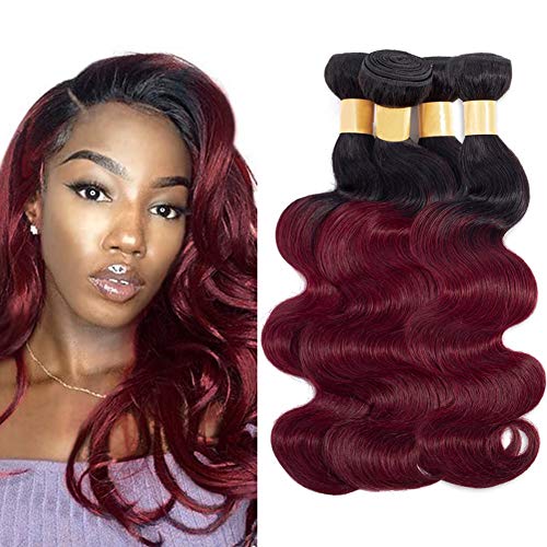 Black Rose Hair Two Tone Ombre Hair Extensions Weaves 7A Peruvian Virgin Hair Body Wave Human Hair 4 Bundles 1B/99J Black+Burgundy 100g4pcs (18" 20" 22" 24")
