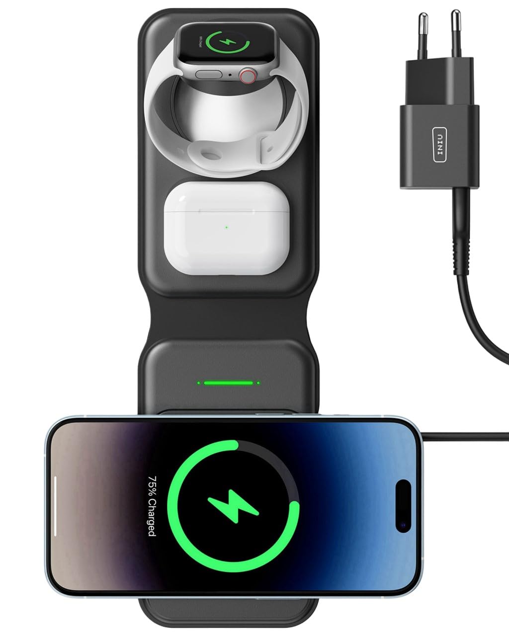 INIU Cargador Inalambrico 3 en 1 de Viajar, Base de Carga Magnetic 15W Carga Rapida para iPhone 16 15 Pro MAX 14 13 12 y Apple Watch Series 9 8 7 6 5 4 3 SE Ultra, AirPods Pro 4 3 Pro 2 ECC.