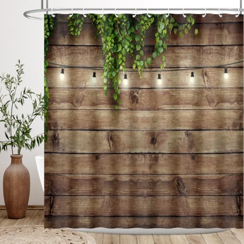 BIYSUC Rustic Wooden Board Shower Curtain Green Leaves on Farmhouse Vintage Wood Grunge Planks Barn House Door Country Life Waterproof Polyester Fabric 72x72 inchs with 12pcs Plastic Hooks
