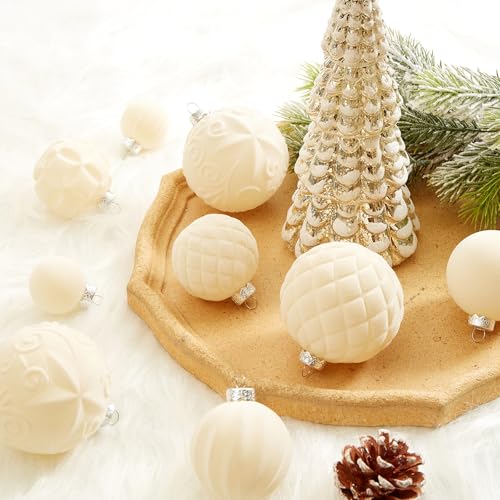 Velvet Christmas Ball Ornaments - 46pcs Flocked Christmas Tree Decorations Set Assorted Shatterproof Hanging Ornaments with Loop for Xmas Holiday Home Decor, 3 Sizes (Cream) - image 4
