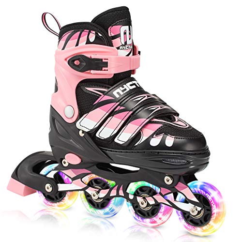 Nyctus Adjustable Kids Inline Skates with Light up Wheels, Inline Roller Skates for Beginners, Fun Roller Blades for Boys Girls, Pink Medium (US 1-4)