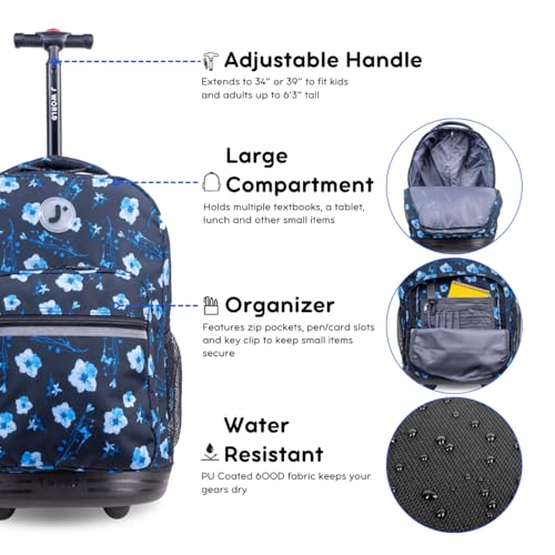 Image of J World Sunrise Kids Rolling Backpack with Wheels for Girls Boys, Roller Bookbag for School, 18 x 13 x 9 Inches, Night Bloom