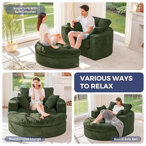 Image of MAXYOYO Modular Sectional Chaise Lounge Sofa, Round Upholstered Lounge Chair with Ottoman, Comfy Couch with Layered Cushion, Tufted Sleeper Chair for Living Room, Dark Green