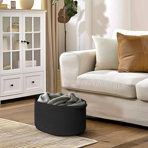 Image of MEGASKET Black Woven Storage Basket, 17 inchx12 inchx8 inch Cotton Rope Baskets for Organizing Dog Toy, Gift, Book, Towel, Cloth, Shoe, Decorative Wicker Storage Bin for Shelves, Closet, Bathroom, Living Room