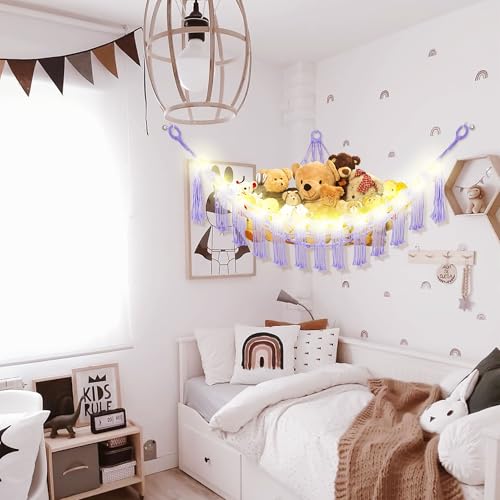 Image of CERETIA Stuffed Animal Hammock with LED Light, Large Stuffed Animals Storage Corner Plushie Net for Kids Room Decor, Jumbo Purple