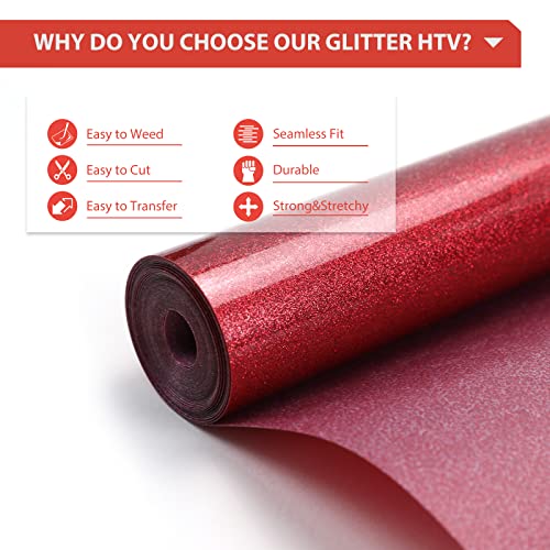 Image of HTVRONT Red Glitter Heat Transfer Vinyl - 12 inch x 10ft Red Glitter Iron on Vinyl for Shirts, Glitter HTV Vinyl Rolls for Heat Vinyl Design