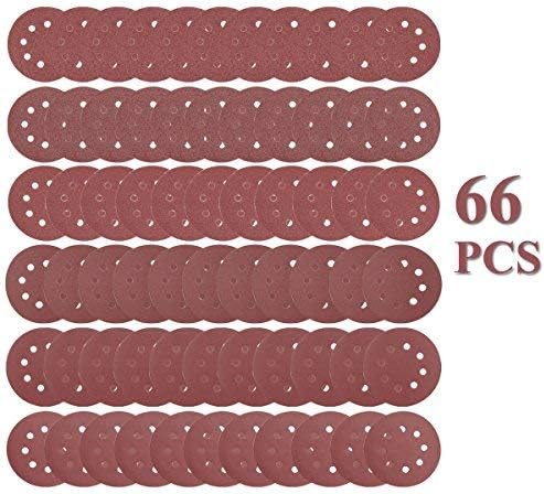 BonyTek 66 PCS 5 Inch 8 Hole Sanding Discs, 11 Discs Each of 40 60 80 120 180 240 Grits Hook and Loop Sander Sand Paper Assortment for Random Orbital Sander