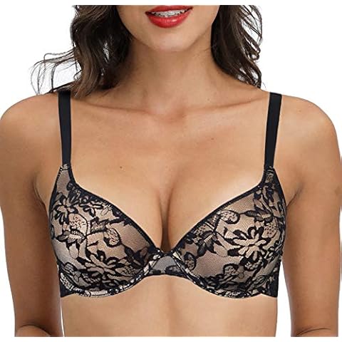 Womens Padded Push Up Lace Bra Underwired Demi Add A Cup Comfort Support Plunge - Black - 38B Cover