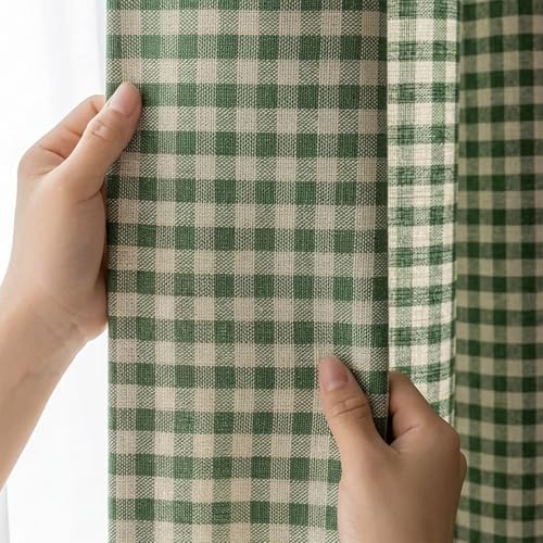 Yunsurey Green Farmhouse Paid Curtain 84 inch Length 2 Panels Cotton Linen Blend Gingham Curtain Panels for Living Room Bedroom Half Light Blocking Rod Pocket Drapes, Each W39 X L84 Inch