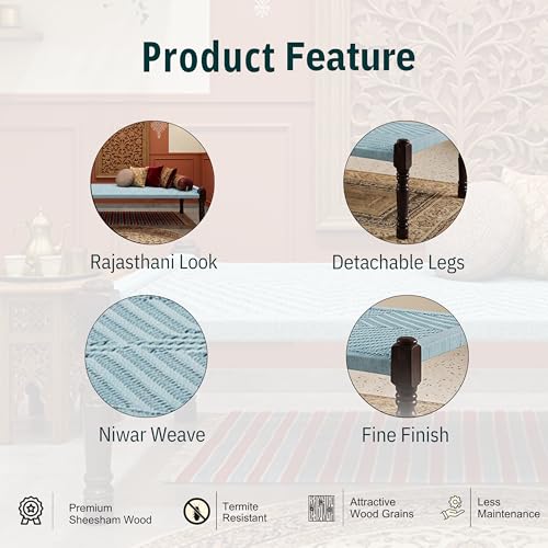 Image of Solid Sheesham Wood Charpai Khat | Handcrafted Daybed Khatiya Charpai with Cotton Rope | Traditional Khat Bed Wooden Diwan Cot for Living Room | 6X3 Feet | Light Blue