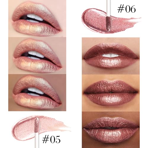 Image of evpct 2Pcs Beige Gold Mature Red Metallic Glitter Lip Liner and Lipstick Combo, Shimmery Lip Gloss Stain Set Makeup for Women LongLasting Waterproof, Metallic Shimmer Iridescent Glossy Liquid Lipstick