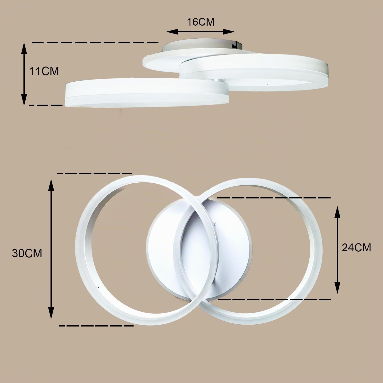 Moderne LED Deckenleuchte 36W, 50cm, 3000K Warmweiß, Doppelring-Design, Minimalistisch für Wohnzimmer, Schlafzimmer, Esszimmer, Flur und Büro