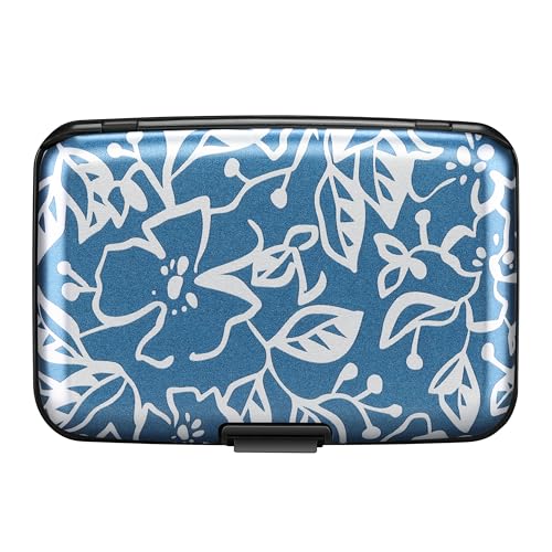 Image of ELFISH RFID Blocking Credit Cards Holder Aluminum Wallet Metal ID Case for Men Women, Blue Printed Pattern