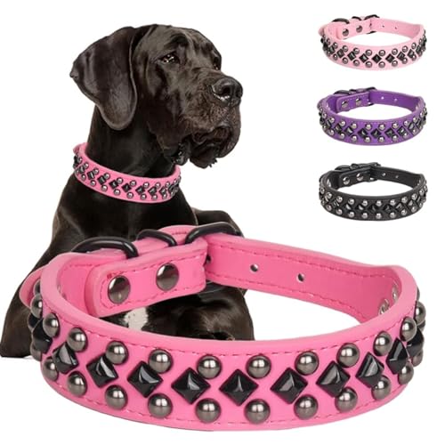 Serijoars Spiked Studded PU Leather Dog Collar for Small, Medium, Large Breeds, Pit Bull, Bully, Husky, Terrier, Adjustable (Hot Pink, L (41-47CM))