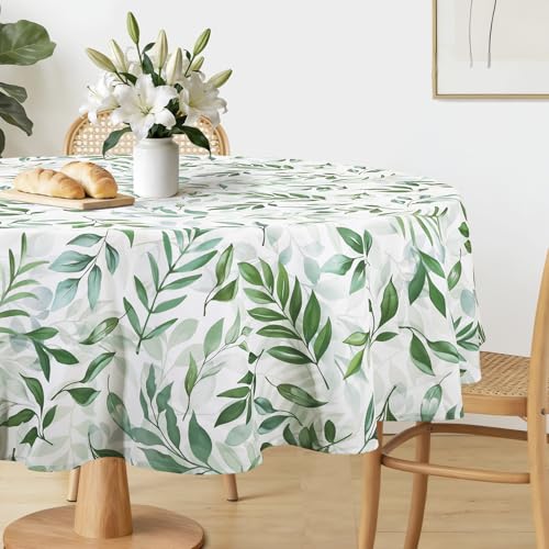 hometrixx Primavera Verano Mantel Redondo Antimanchas Hojas Verdes Manteles Lavable Poliéster Impermeable Cubre Mesas Hule para Comedor Cocina Cumpleaños Festivosr, Diamètre 152 cm