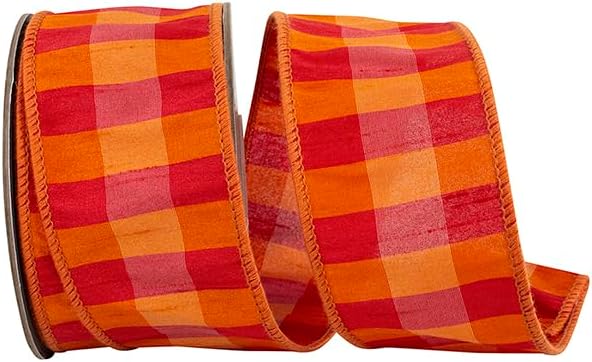 リボン - Dupioni Tierra Check デラックスワイヤーエッジ、オレンジ/フクシア、2-1/2インチ、10ヤード