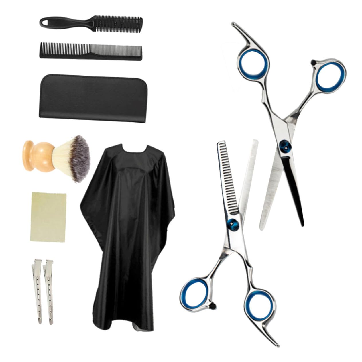 Set Forbici da Parrucchiere 10 Pezzi in Acciaio Inossidabile | Dentate e Dritte, Pettine e Pettine Taglia Barba, Borsa, Panno, Grembiule, 2 Clip per Uso Barber e DIY