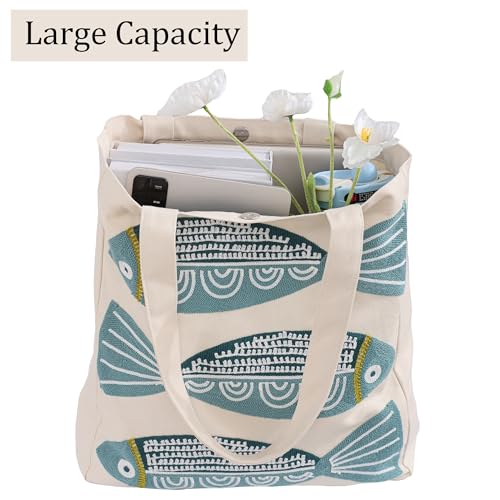 Ocean-Themed Embroidery Tote Bag for Women Summer Canvas Beach Bag Reusable Bag for Shopping Grocery Book - Image 5