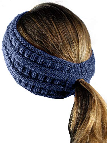 C.C Cable Knit Fuzzy Lined Ear Warmer Ponytail Pony Headband, Dark Denim