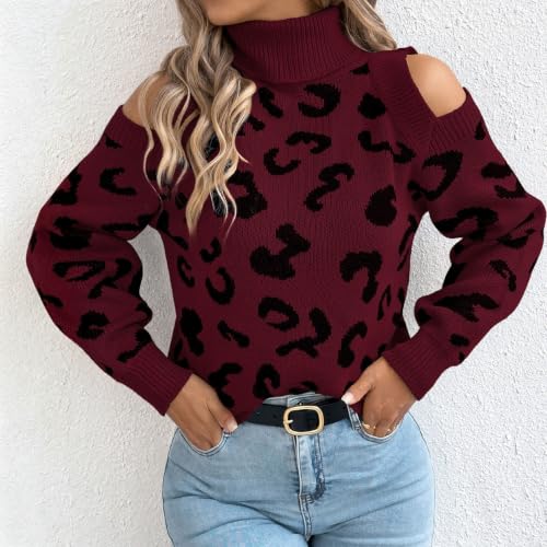 Women's Leopard Print Turtleneck Long Sleeve Cold Shoulder Knit Sweater - image 7