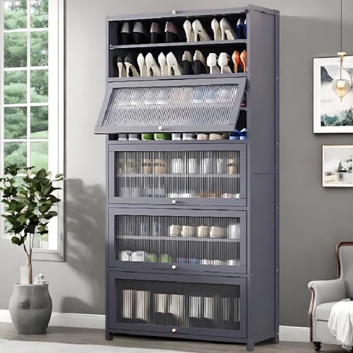 Voclym Tall Shoe Cabinet with Clear Doors, Large Capacity Bamboo Shoe Cabinet, 40-45 Pairs Shoe Rack Organizer for Closet Entrance, Hallway, Living Room, Bedroom