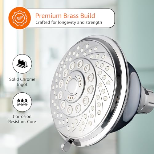 Image of Amazon Basics Shower Head for Bathroom | Round Multifunction 5-Spray Overhead Shower | Wall Mount Bathroom Shower with Pause Function, Chrome Finish, 3.9 Inches Wide Sprayface, CHROME finish
