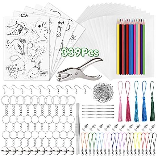 PLULON 339 Pcs Kit Hojas de Plástico Termocontraíble 20 Papel Blanco Encogible 5 Papel Arte Retráctil con Patrón Perforadora Lápices Colores,Accesorios Llaveros para Adornos Bricolaje, Manualidades | Ya disponible en tu tienda friki favorita! En mundofriki.es!