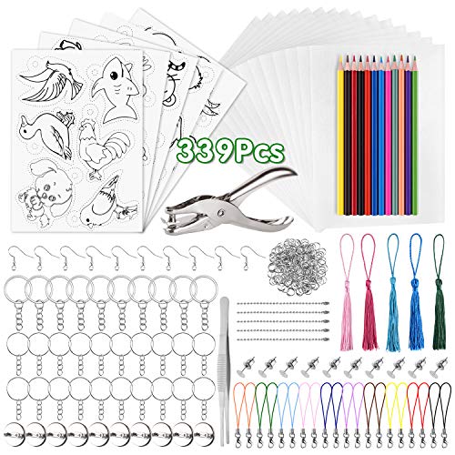 Confezione inclusa: 20 fogli di film termoretraibile vuoti, 5 fogli di carta termoretraibile con motivo, 1 x perforatore, 12 matite colorate, 30 portachiavi, 10 spille, 20 x ganci per le orecchie, 10 x orecchini a bottone, 200 x piccolo aperto anelli di ferro, 5 x catenelle di perle, 20 x fermagli di aragosta colorati, 5 x nappe, 1 x pinzette
