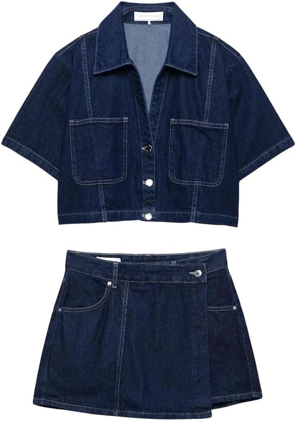 Women's 2 Piece Sets Denim Short Sleeves Shirts Casual Skirt