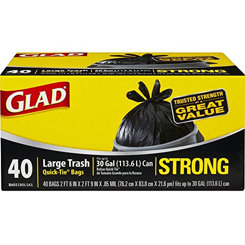 Glad Trash Bags, Large Quick-Tie Garbage Bags - Extra Strong 30 Gallon Black Trash Bag - 40 Count