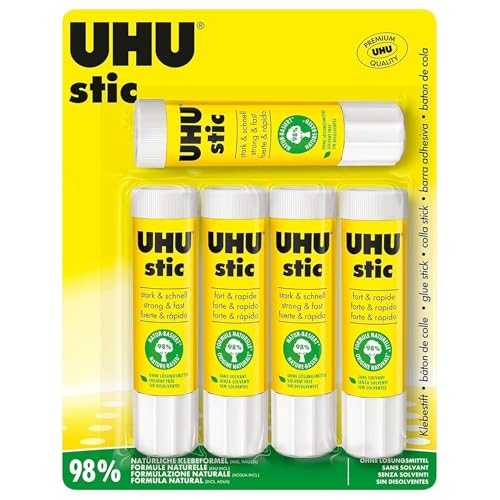 UHU Stic - Bâton de Colle Sans Solvants - Colle Enfant, Loisirs Créatifs, Bureau, Maison, École - Blanche - Fournitures de Bureau - Lot de 5 Stics de 21 g