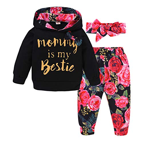 Image of 3Pcs Baby Girls Clothes Long Sleeve Hoodie Sweatshirt Cute Floral Pants with Headband Outfit Sets Red