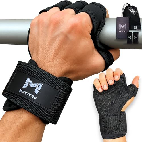 MYTITAN Calleras (Guantes Abiertos) para Calistenia, Crossfit y Gimnasio con Muñequera y Hebilla Metálica - Mano Abierta y Agarre Antideslizante - Unisex - con Toalla y Bolsa - Tallas S-M-L