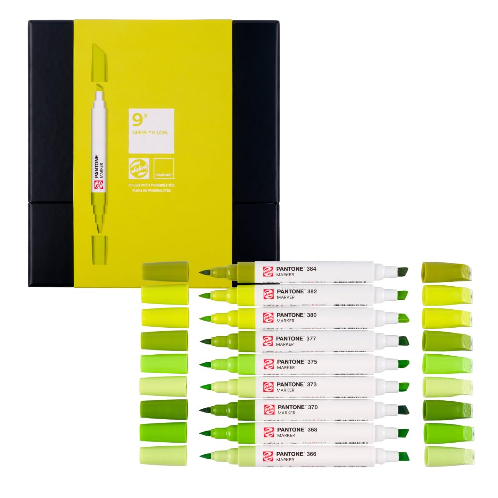 Talens | Pantone Marker Set of 9 Green Yellow | Dual-Tip Pens with Brush and Chisel Nib | Water-Based, Pigmented Ink in Pantone Colors