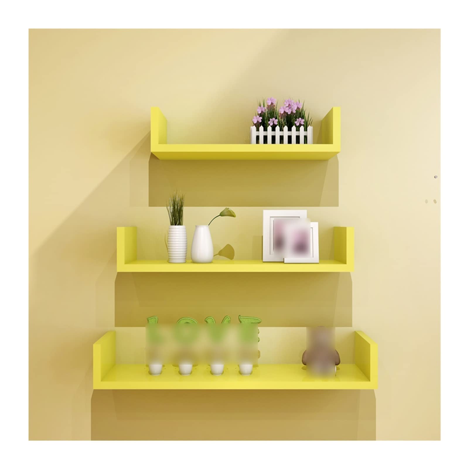 Pływające półki zestaw 3 regałów ściennych DIY do domu, salonu, kuchni, biura, sypialni, studia, dekoracja roślin, regał na książki, żółty kolor