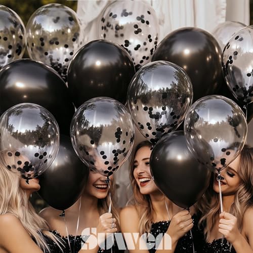 Image of SUWEN Black Metallic and Confetti Balloons Set 47PCS Latex Helium Chrome | Black Balloon for Birthday Graduation Anniversary Party Decorations