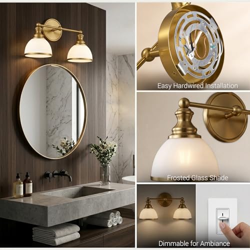 Image of Hamilyeah 2-Light Gold Bathroom Vanity Light, Brushed Gold Vanity Light Fixture Over Mirror with Milky White Glass Shades, Vintage Wall Sconce for Bathroom, Powder Room