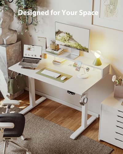 Image of Agilestic 48x24 Inch Electric Standing Desk with Shelf, Height Adjustable Desk with Power Outlets & LED, Sit Stand Up Table with Monitor Stand, Computer Workstation, White