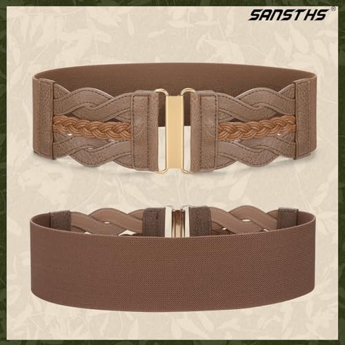 SANSTHS Vintage Stretchy Belt for Women, Womens Wide Elastic Belts for Dresses Coats, Fashion Womens Belts with Gold Buckle