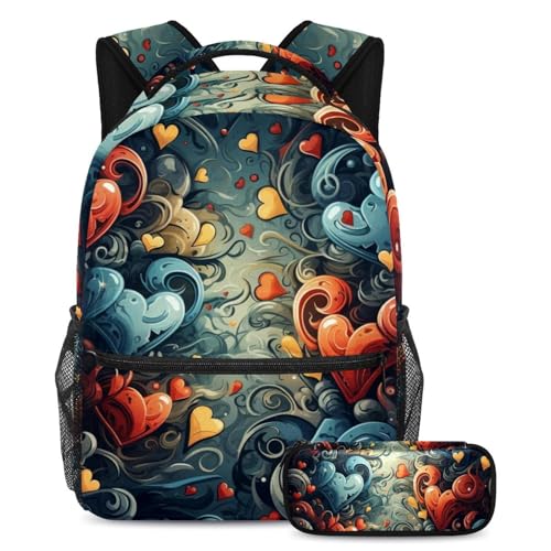 Sac à dos polyvalent large avec compartiments imprimé cœurs rouges