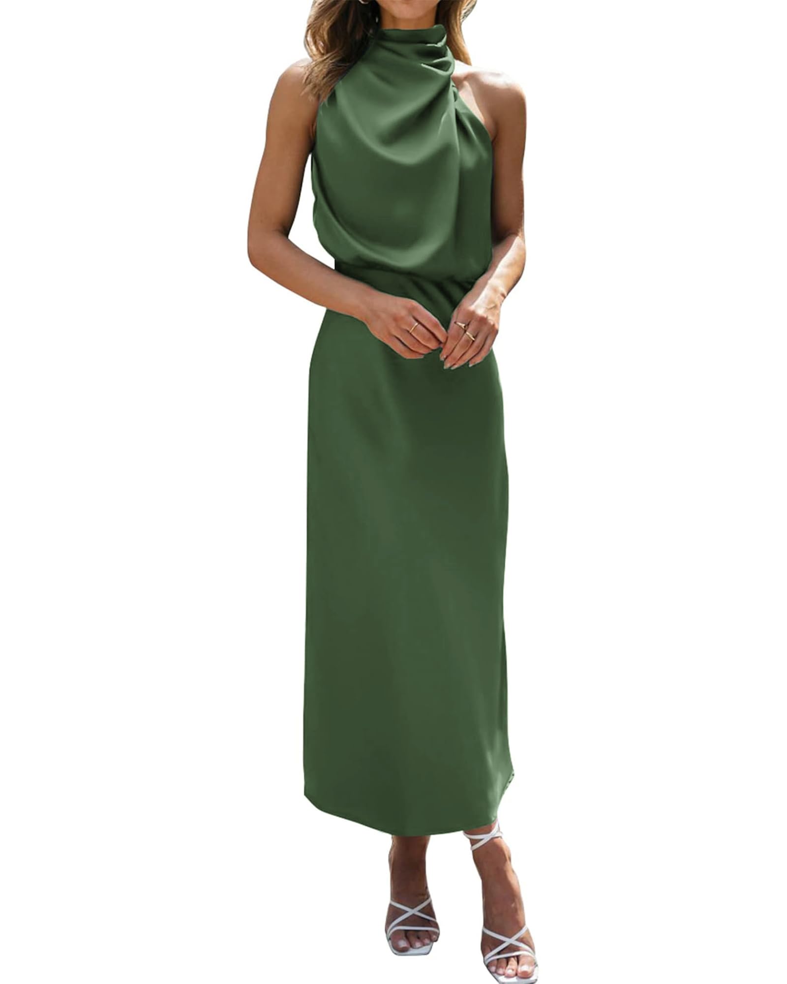 Photo 1 of BTFBM Cocktail Dresses for Women Summer Satin Silk Sleeveless Mock Neck Maxi Wedding Guest Dress Spring Outfits 2026(Army Green, Small)