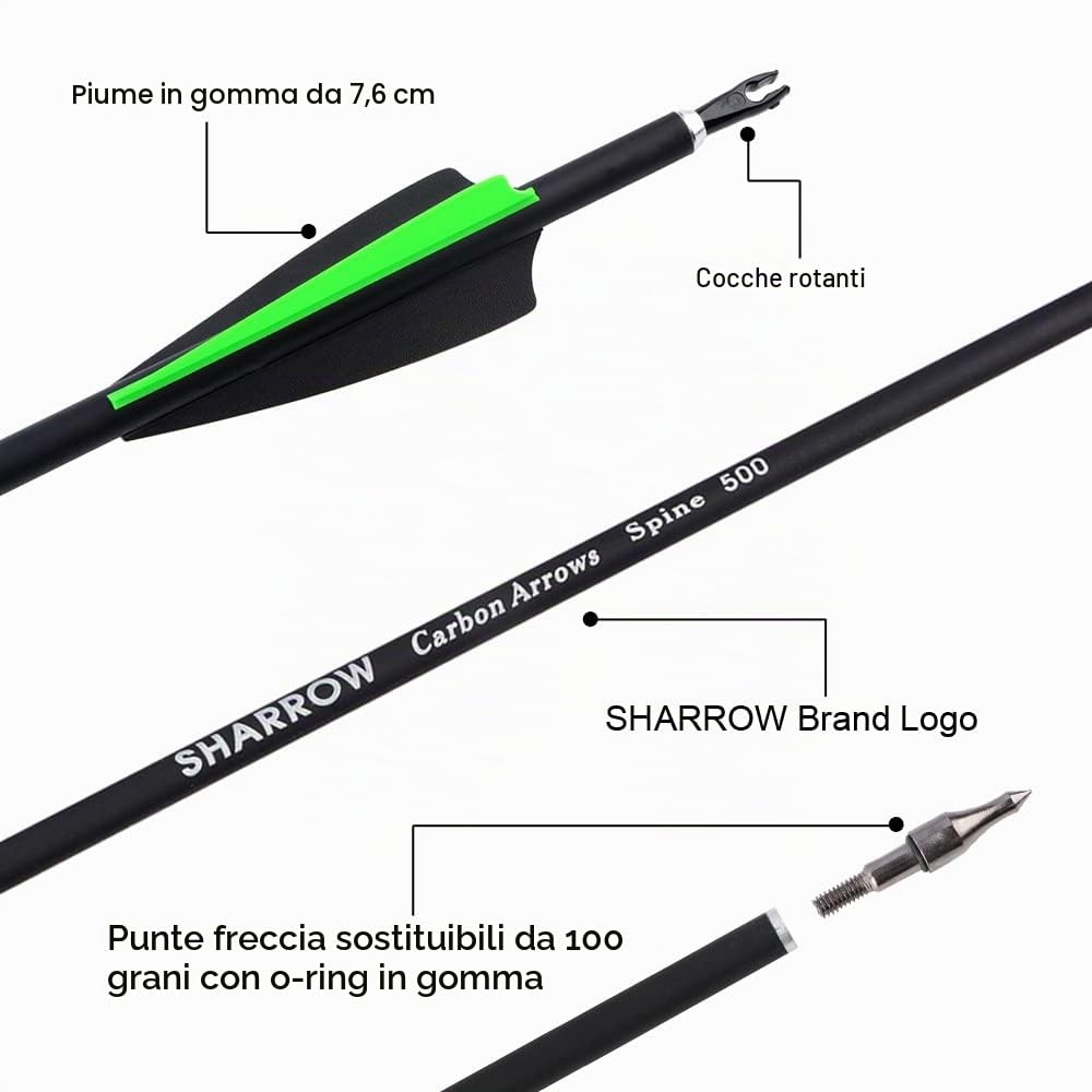 SHARROW 12pcs Freccia di Carbonio 30 pollici Spine 500 Tiro con l'arco in Carbonio Frecce per Arco Compound Ricurvo (Verde)
