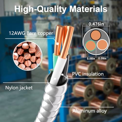 Image of HUANCHAIN 12 /2 MC Cable 25FT Solid Copper Wire with Aluminum Armor