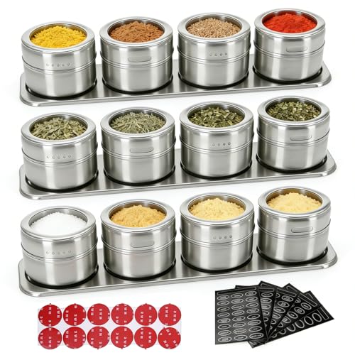 PORFOYO Pots à épices Rangement: Lot De 12 100 Ml Pot à épices Magnétique, Boite à Epices Cuisine Rangement Avec Couvercle Transparent Pour Stocker...