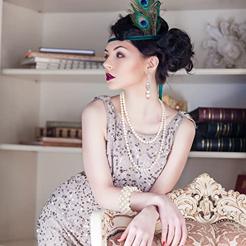 3 Pcs 1920s Pearl Jewelry Set - Including Pearl Necklace, Dangle Rhinestone Earrings & Bracelet for Women's Halloween Party4