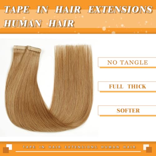 Image of YDDM Tape in Hair Extensions Human Hair, 20pcs 14 Inch Honey Blonde 100% Remy Human Hair for Women Straight Seamless Invisible Tape in Hair Extensions(27#, 14 Inch)