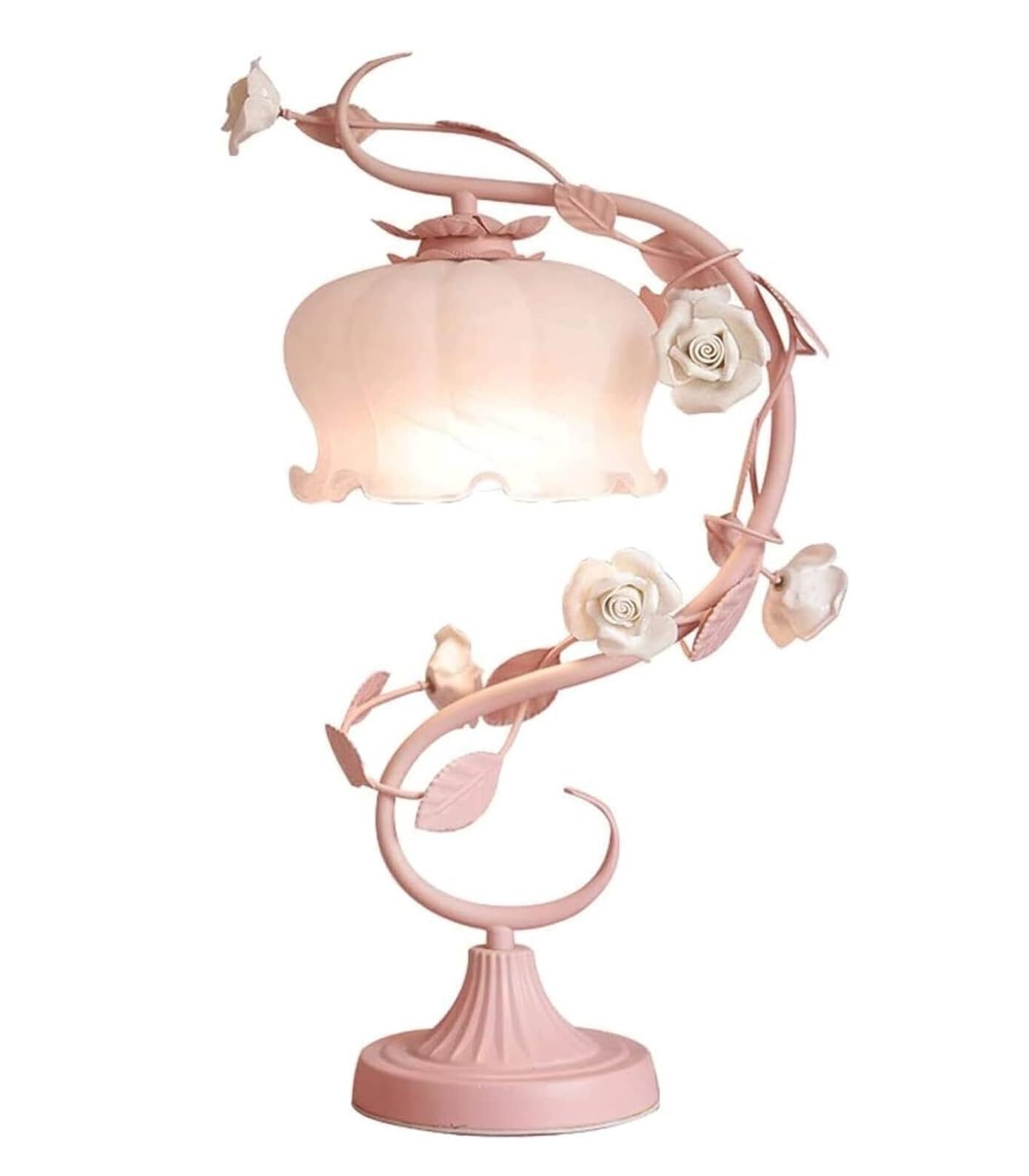 Lampa Stołowa Romantyczna Róża Ceramiczna Lampa Stołowa Szklany Klosz Lampka Nocna Z Kutego Żelaza Do Salonu Sypialnia Do Domowego(Pink)