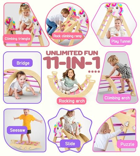 Image of Pikler Triangle Set, 11-in-1 Montessori Climbing Toy for Toddlers, Foldable Wooden Indoor Jungle Gym & Playground Climber for Learning and Motor Skills (18 Months-7 Years)